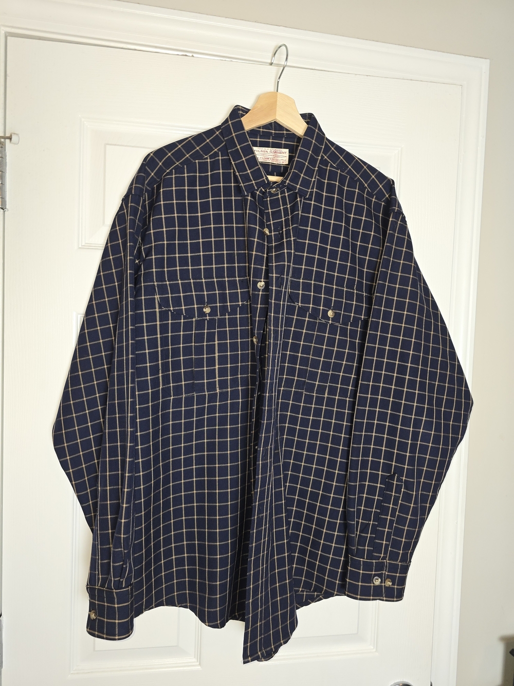 Vintage 80's Filson Garment 100% Wool Navy Check Long-Sleeve Button-Down Shirt L
